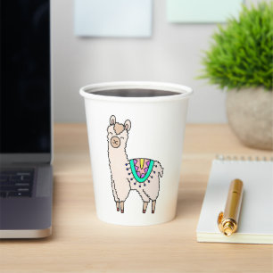 lachende gelukkige lama alpaca cartoon dier tekeni papieren bekers