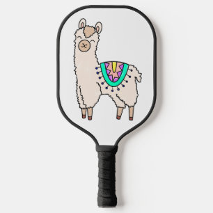 lachende gelukkige lama alpaca cartoon dier tekeni pickleball paddle