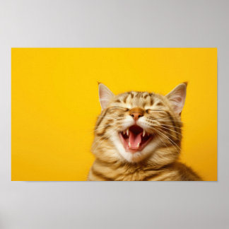 Lachende gemberkat op gele achtergrond - Schattige Poster