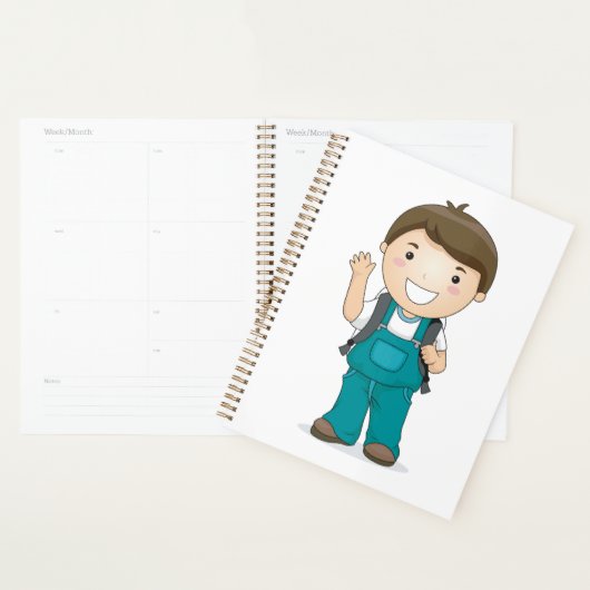 Lachende schooljongen met rugzak planner (Display)