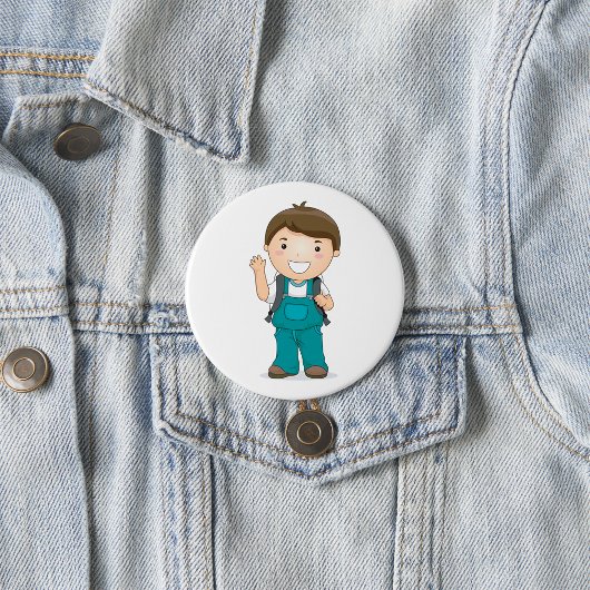 Lachende schooljongen met rugzak ronde button 7,6 cm