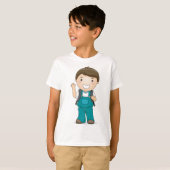 Lachende schooljongen met rugzak t-shirt (Voorkant volledig)