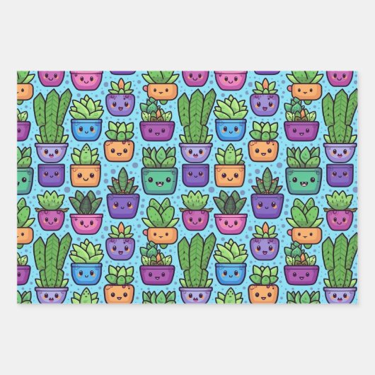 Lachende Succulent en Cacti Planten Leuke Design Inpakpapier Vel (Voorkant 3)