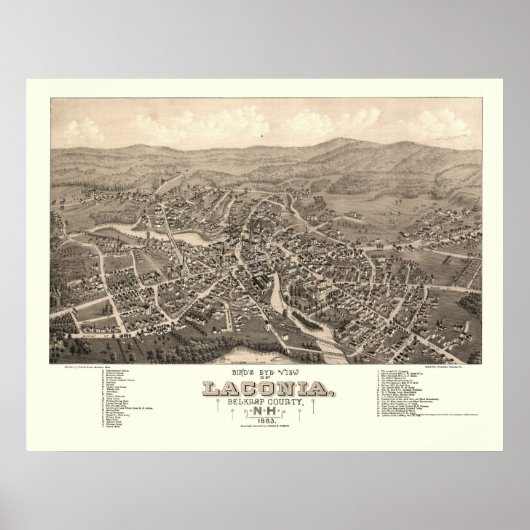 Laconia, NH Panoramic Map - 1883 Poster (Voorkant)