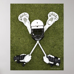 Lacrosse sticks, handschoenen, ballen en sporthelm poster