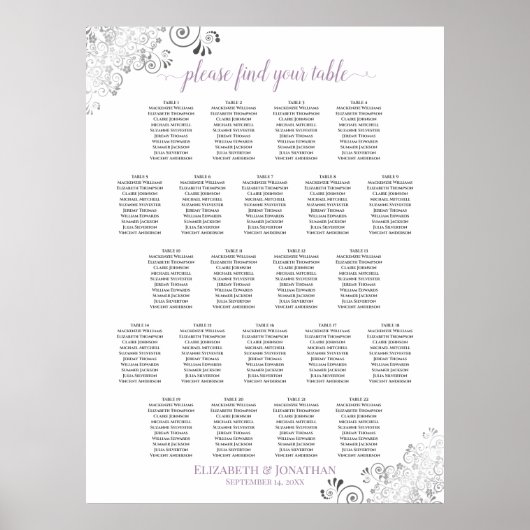 Lacy 22 Table Wedding Seating Chart White Lavender Poster (Voorkant)