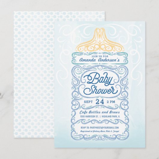 Lacy Baby Bottle Boy Shower Kaart (Voorkant / Achterkant)