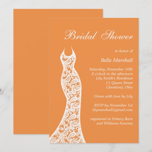 Lacy Bridal Shower Invitation in Oranje Kaart (Voorkant / Achterkant)