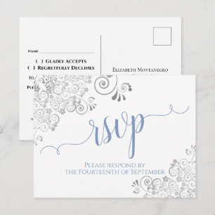 Lacy Calligraphy Light Blue op White Wedding RSVP Briefkaart