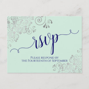 Lacy Calligraphy Navy Blue op Mint Wedding RSVP Briefkaart