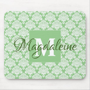 Lacy Damask Feminine Green & White Monogram & Name Muismat