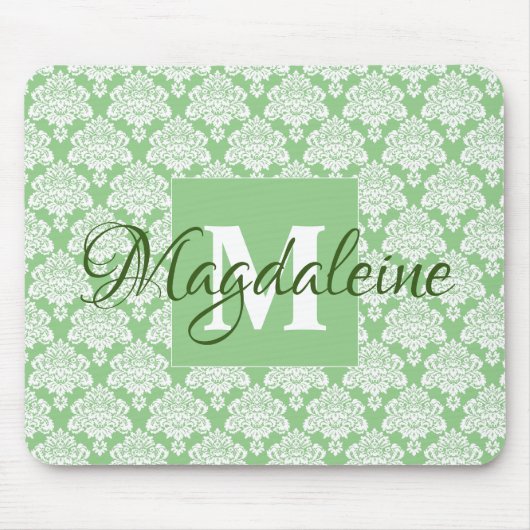 Lacy Damask Feminine Green & White Monogram & Name Muismat (Voorkant)