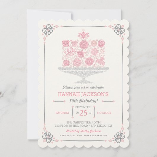 Lacy Flower Birthday Cake Invitation Kaart (Voorkant)