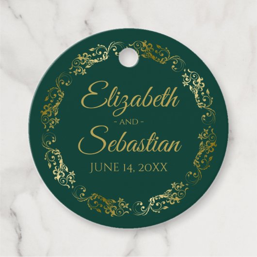 Lacy Gold Border Elegant Emerald Green Wedding Bedankjes Labels (Voorkant)