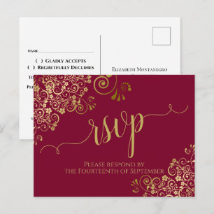 Lacy Gold Calligraphy Burgundy Maroon Wedding RSVP Briefkaart