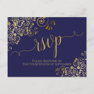 Lacy Gold Calligraphy Chic Navy Blue Wedding RSVP Briefkaart
