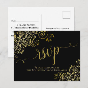 Lacy Gold Calligraphy Elegant Black Wedding RSVP Briefkaart