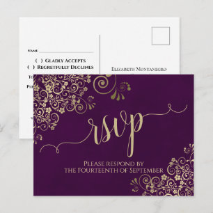 Lacy Gold Calligraphy Elegant Paars Wedding RSVP Briefkaart