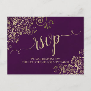 Lacy Gold Calligraphy Elegant Paars Wedding RSVP Briefkaart