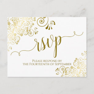 Lacy Gold Calligraphy Elegant White Wedding RSVP Briefkaart