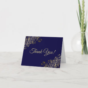 Lacy Gold Frills Elegante Marine Blauwe Trouwfoto Bedankkaart