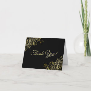 Lacy Gold Frills Elegante Zwarte Trouwfoto Bedankkaart