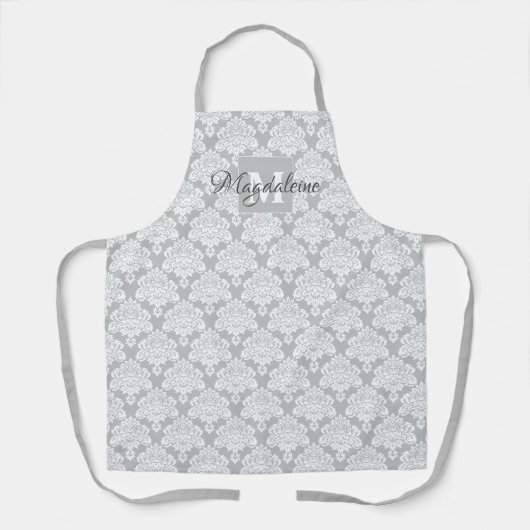 Lacy Grey en Witte Damast met Naam & Monogram Schort (Voorkant)