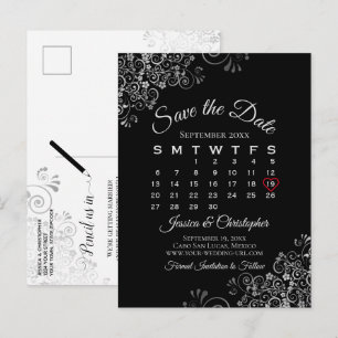 Lacy Grey op Black Wedding Save the Date Calendar Aankondigingskaart