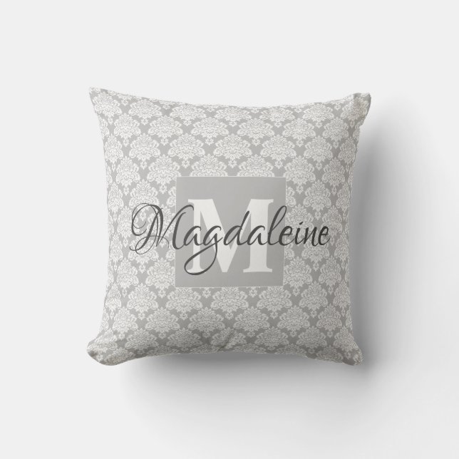 Lacy Grey & White Damask Name & Monogram Kussen (Voorkant)