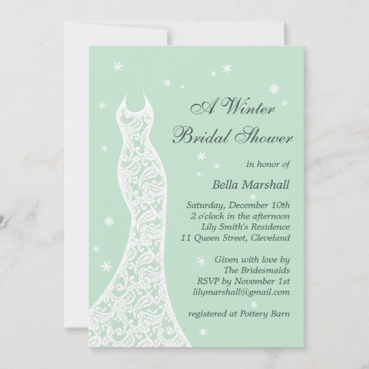 Lacy Mint Invitation à la douche nuptiale d'hiver (Devant)