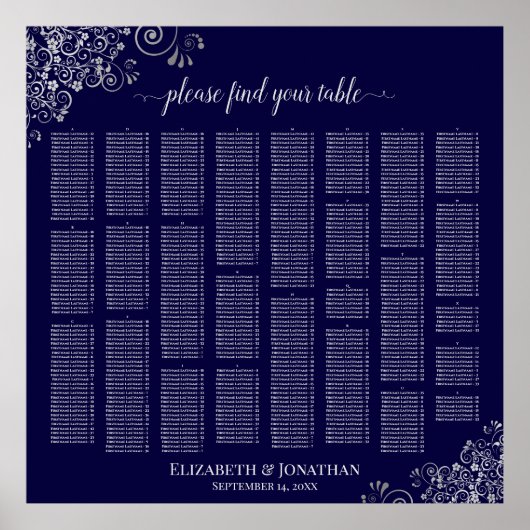 Lacy Navy Blue & Silver Alfabetical Seating Chart Poster (Voorkant)
