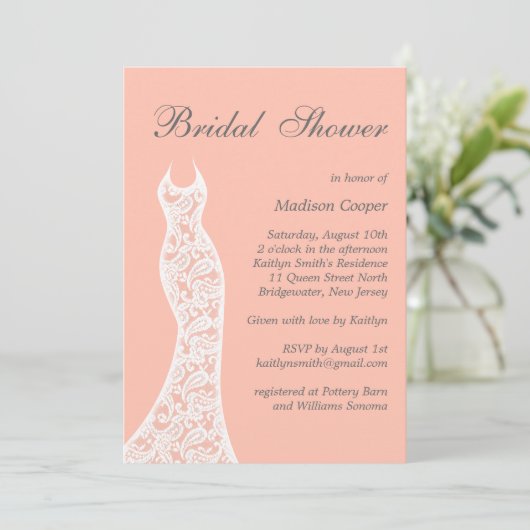 Lacy Peach Bridal Shower-uitnodiging Kaart (Staand voorkant)