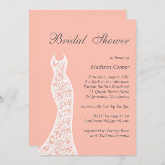 Lacy Peach Bridal Shower-uitnodiging Kaart (Voorkant / Achterkant)