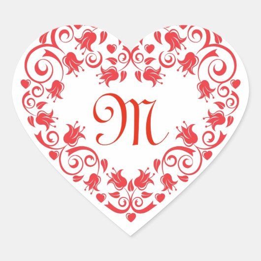 Lacy Red Flower Heart Monogram Sticker (Voorkant)