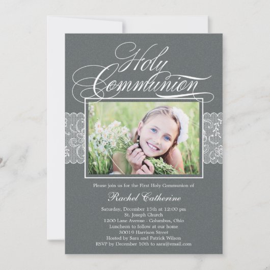 Lacy Ribbon Photo Première communion Invitation (Devant)