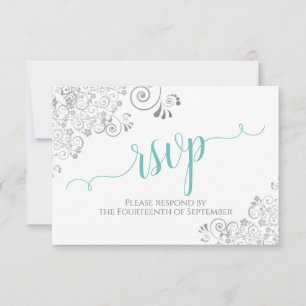 Lacy Silver & Aqua op wit Elegant Script bruiloft RSVP Kaartje