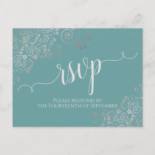 Lacy Silver Calligraphy Blauwgroen Wedding RSVP Briefkaart