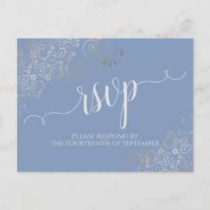 Lacy Silver Calligraphy Light Blue Wedding RSVP Briefkaart