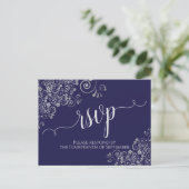 Lacy Silver Calligraphy Navy Blue Wedding RSVP Briefkaart (Staand voorkant)