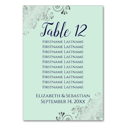Lacy Silver, Carte de siège Mariage vert Mint Mari (Dos)