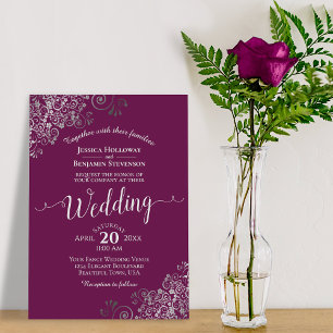 Lacy Silver Elegant Cassis Paarse Magenta Wedding Kaart