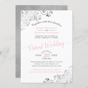 Lacy Silver Elegant Pink & Grey Virtual Wedding Kaart