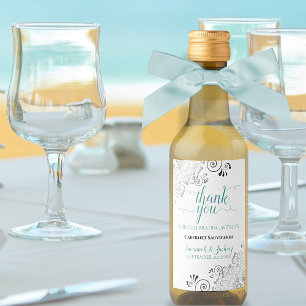Lacy Silver en Blauwgroen op White Wedding Bedankt Wijn Etiket