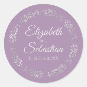 Lacy Silver Filigree Elegant Lavender Wedding Ronde Sticker