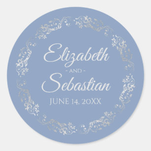 Lacy Silver Filigree Elegant Light Blue Wedding Ronde Sticker