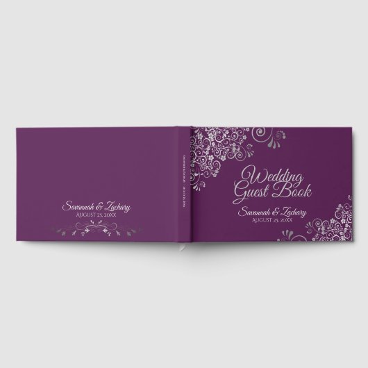 Lacy Silver Filigree Elegant Plum Purple Wedding Gastenboek (Volledig)