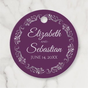Lacy Silver Frilly Border Elegante Paarse bruiloft Bedankjes Labels