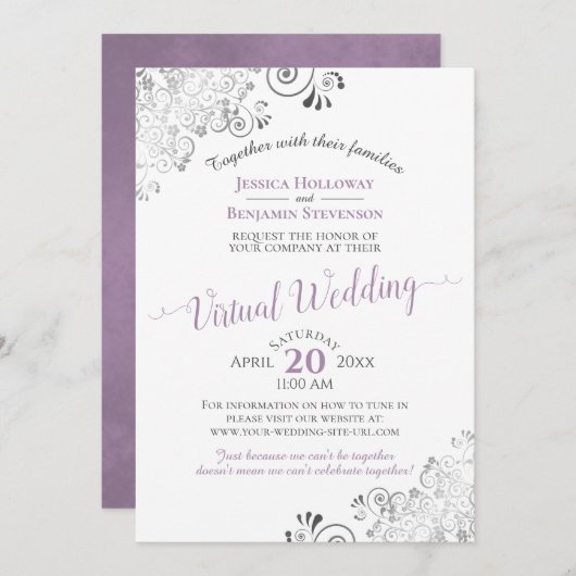 Lacy Silver Lavender & White Virtual Wedding Kaart (Voorkant / Achterkant)