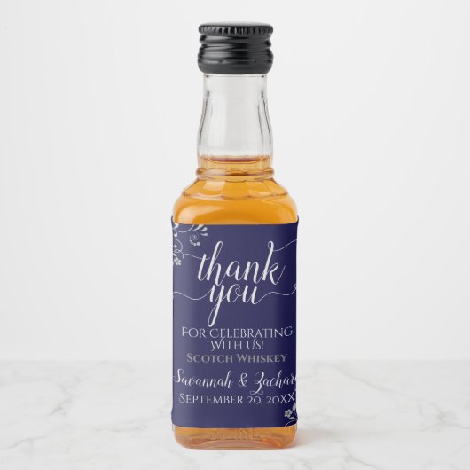 Lacy Silver op marineblauw huwelijk Dank je Mini Likeurfles Etiket (Voorkant)