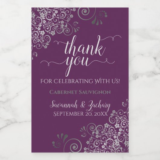 Lacy Silver op Plum Paarse bruiloft Bedankt Mini Wijn Etiket (Enkel label)